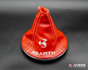 FIAT 500 Gear Shift Boot + Retaining Ring Set- Red EcoLeather w/ White Stitching + ABARTH/ Scorpion Logos